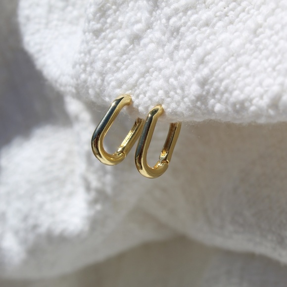 Sterling Silver Gold Oval Hoop Earrings - Picture 1 of 10